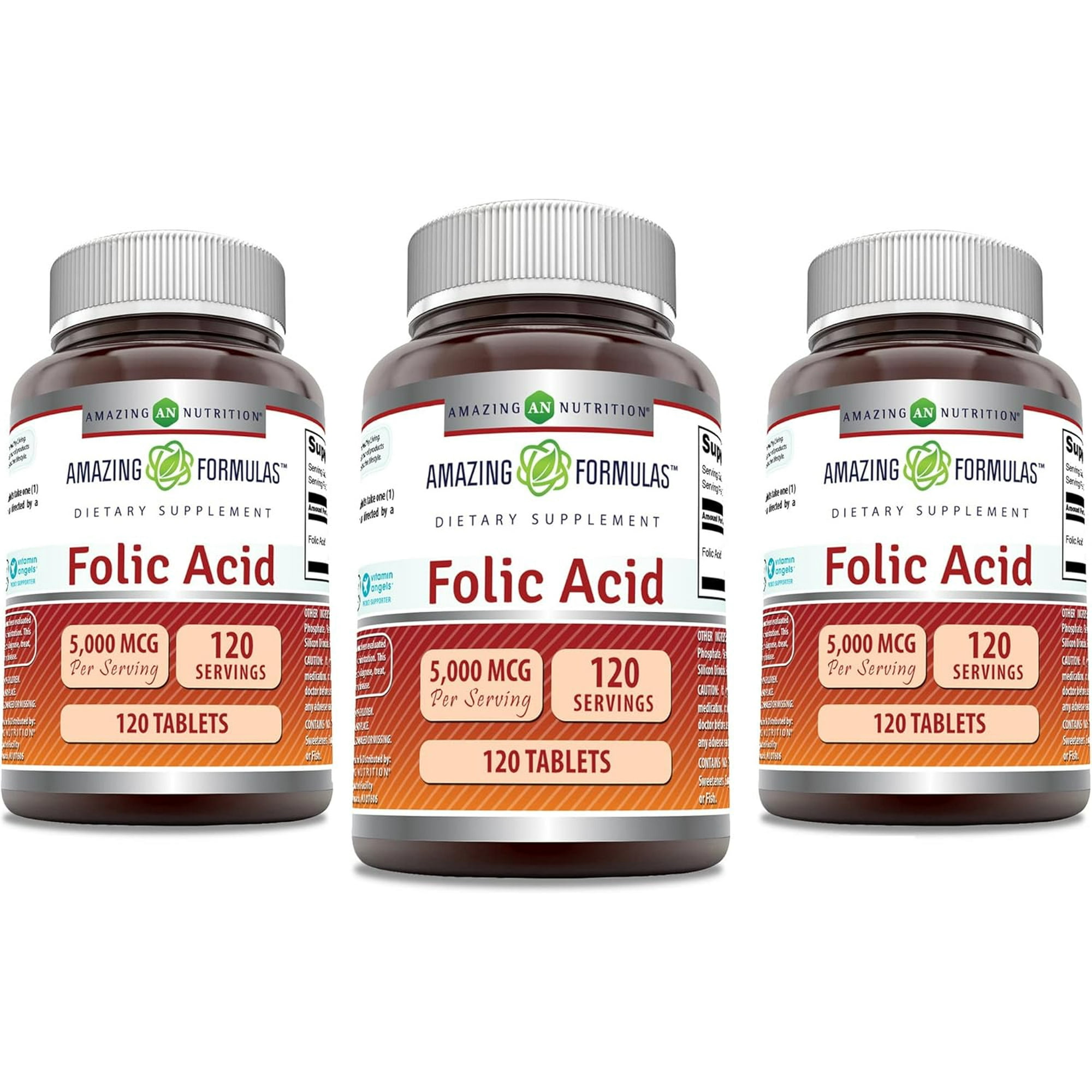 Amazing Formulas Folic Acid 5000 mcg (5 mg) 120 Tablets Supplement | Vitamin B9 | Non-GMO | Gluten Free | Made in USA | Pack of 3