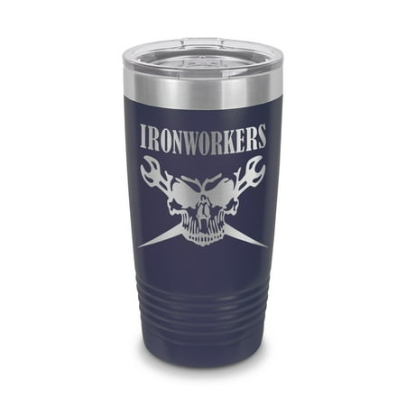 

Ironworkers Skull Tumbler 20 oz - Laser Engraved w/ Clear Lid - Stainless Steel - Vacuum Insulated - Double Walled - Travel Mug - tradesman construction labor laborer - Navy