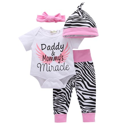 Girls Clothing Zebra (4Pcs/Set Baby Girl Clothing Set Newborn Cotton Toddler Girl Rompers Jumpsuit + Zebra Pants + Headband + Hat)