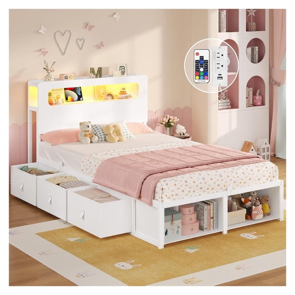 Twin Bed Frame with 6 Storage Drawers & LED Headboard, White