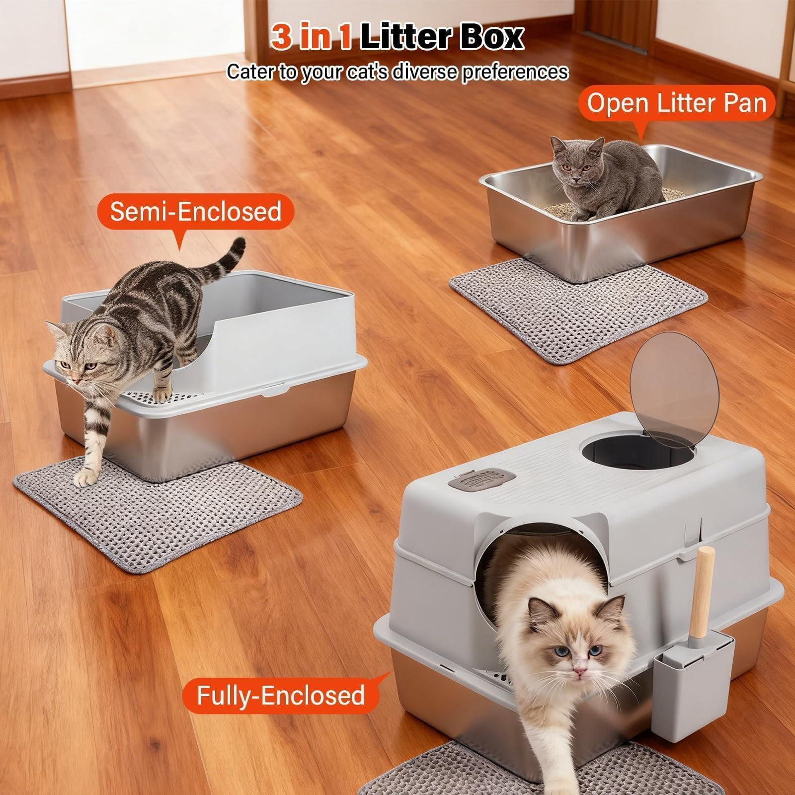 Stainless Steel Litter Box With Lid  Extra Large Enclosed Cat For Big Cats Metal High Sided Enclosure & Scoop Front Top Entry Odor Free Anti-leakage Grey