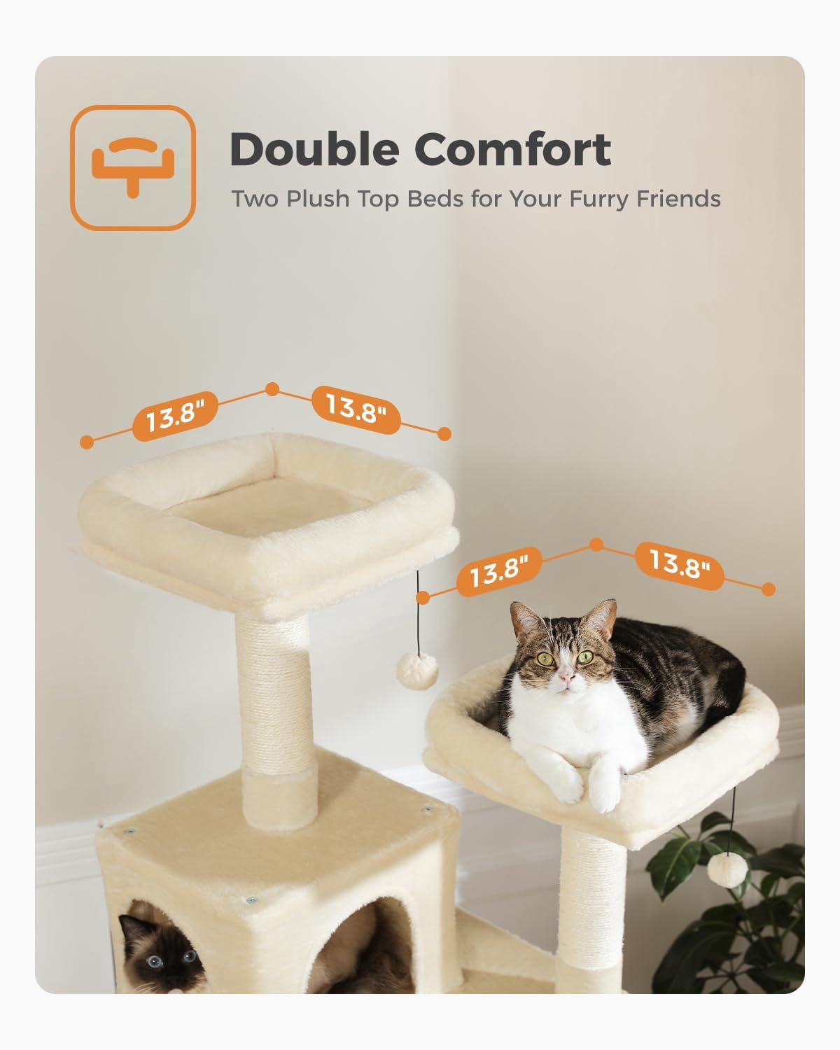 LEHOME 70 Inch Cat Tower, Tall Cat Tree with 2 Cozy Condos, 2 Plush Perch, Large Basket, 2 Scraching Pad & 6 Scraching Posts for Indoor Cats Large Adult, Beige