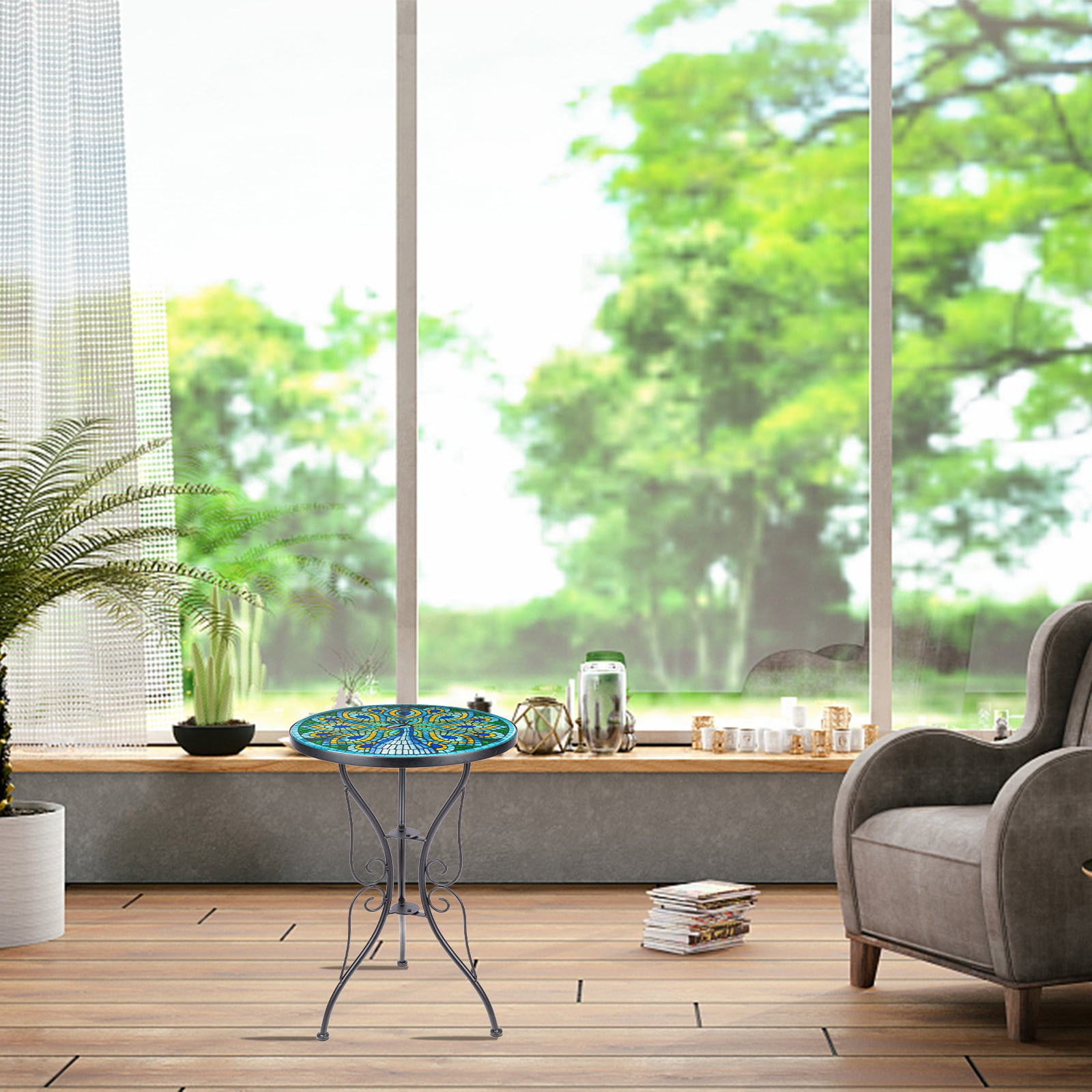 Peacock Glass Side Table for Garden, Outdoor Plant Stand Mosaic Accent Table Round Small End Table for Living Room Porch Balcony Garden