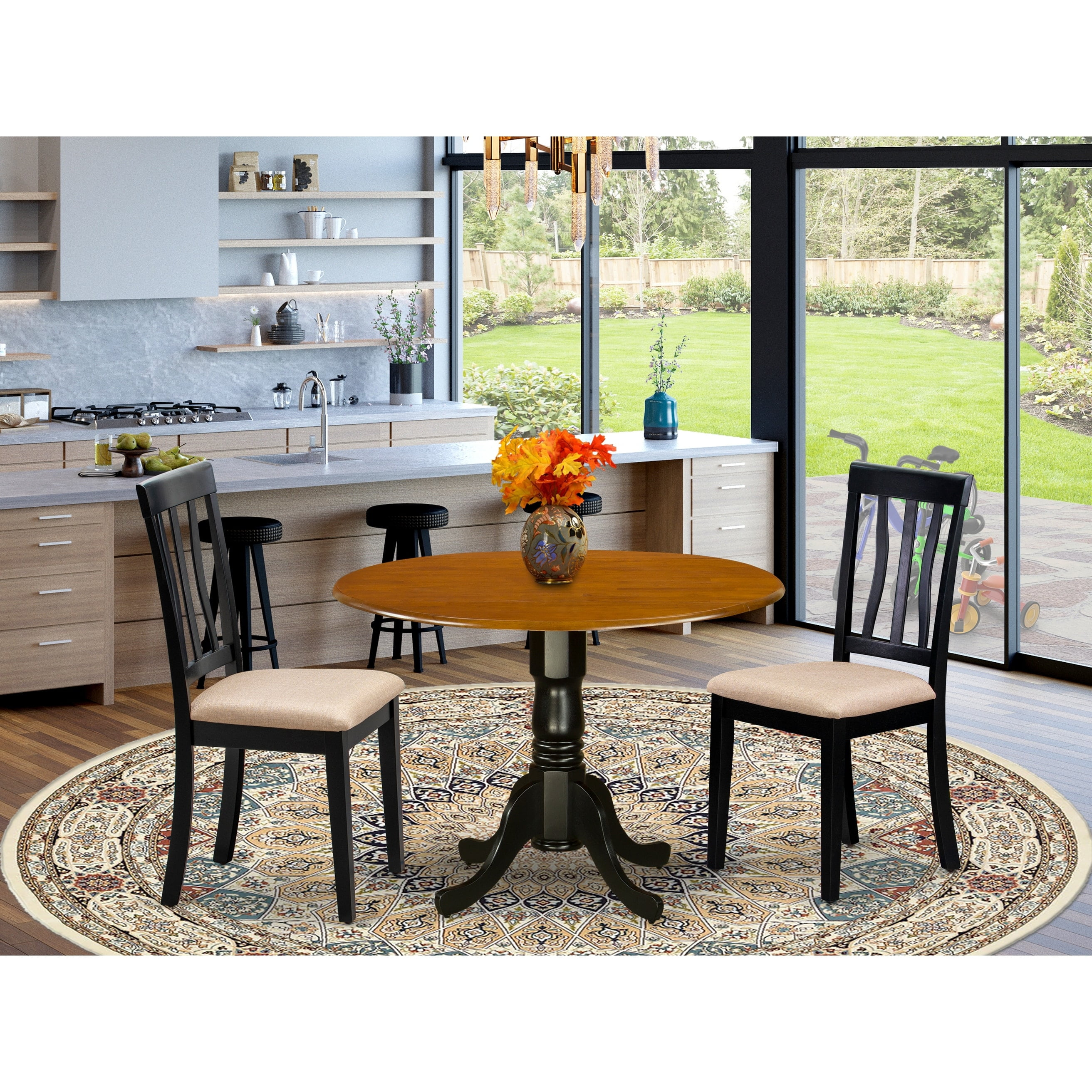 3PC SET ROUND DINETTE KITCHEN DINING TABLE with 2 WOOD SEAT CHAIRS IN BLACK 