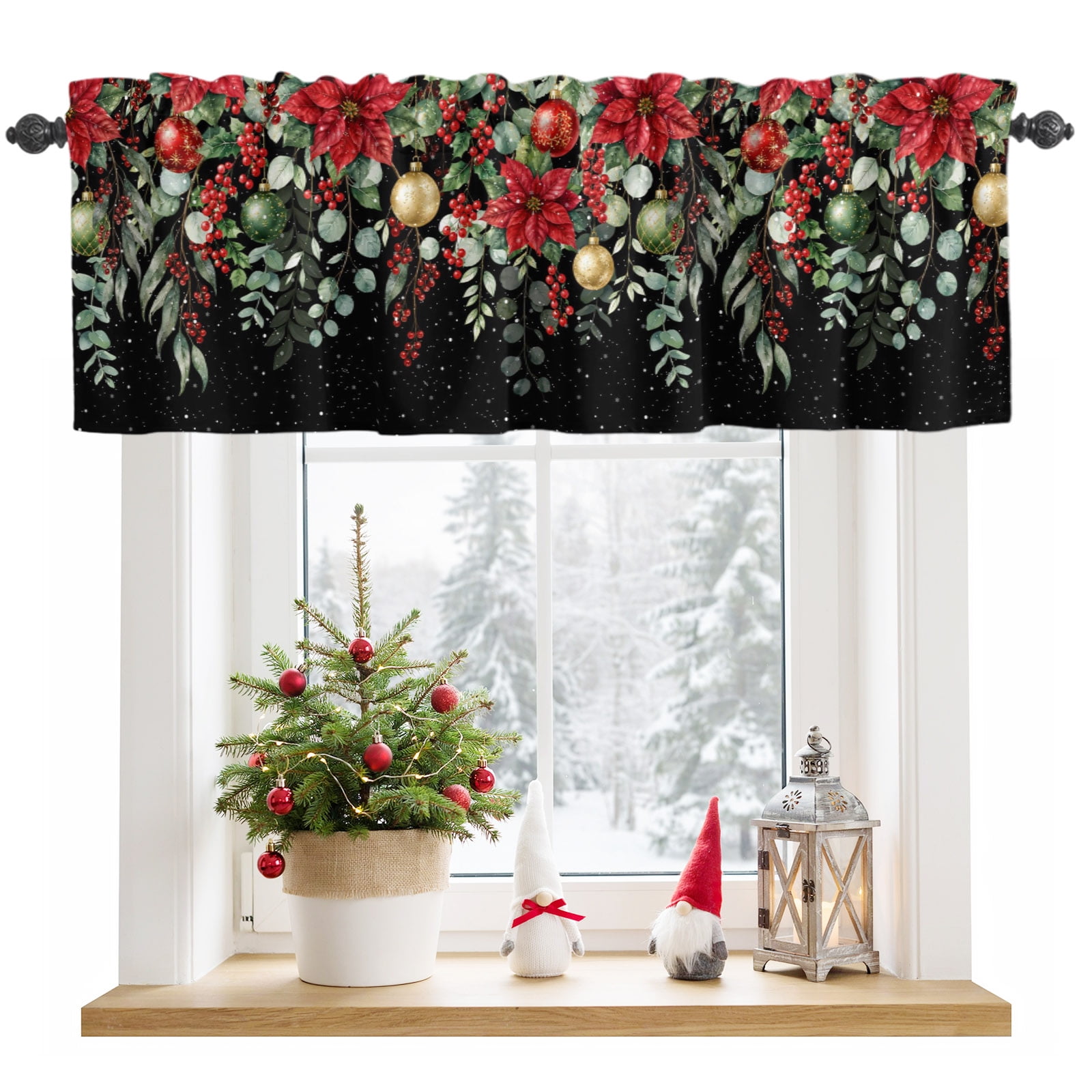 Christmas Poinsettia Valance Curtain Rustic Farmhouse Snowflakes Black Window Valances Rod Pocket Short Curtains Window Treatments for Kitchen Bedroom Bathroom Laundry 42 x 18