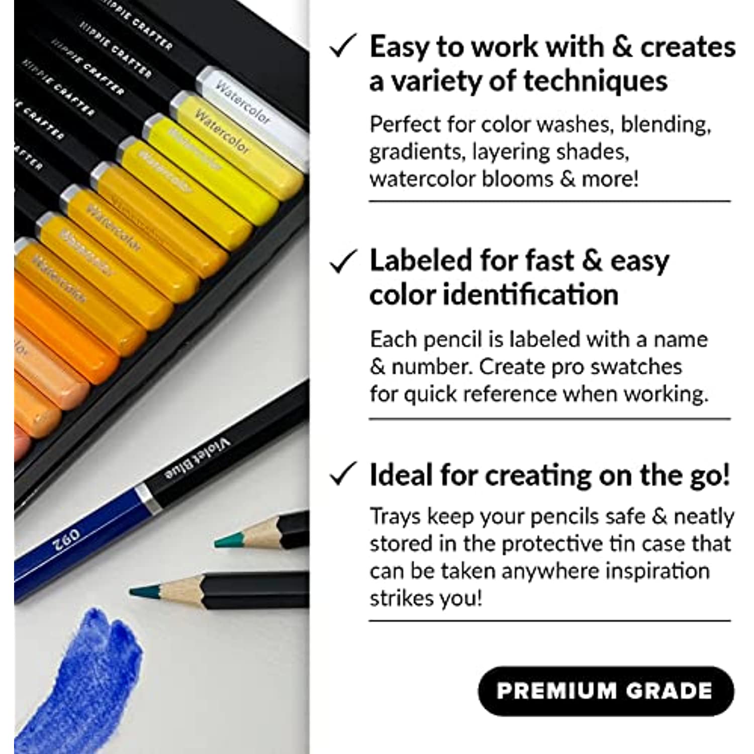 Hippie Crafter 72 Watercolor Pencils Set Artists or Beginners Water Color Pencil for Adults Coloring Art supplies Painting