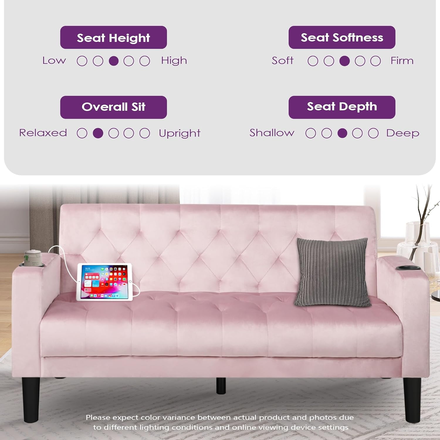 Coewske 62''W Tufted Linen Fabric Sofa Couch Loveseat w/ 2 USB Charger Ports & Cup Holders Pink