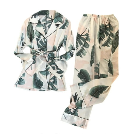 

Autumn New Floral Print Silk Pajama Suit That Occupy The Home Belt Pajamas Beige M