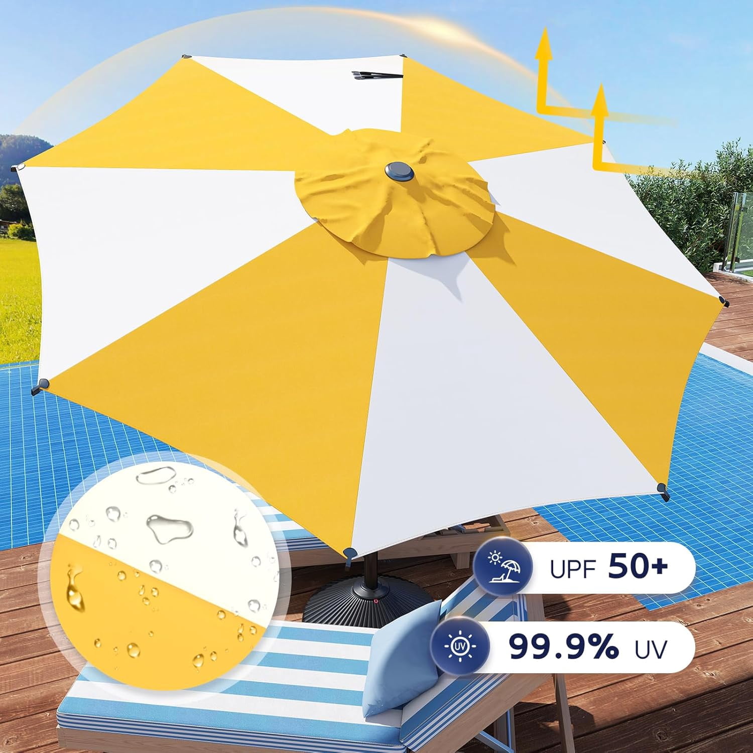 abba yellow patio umbrella Abba Patio 9ft Outdoor Patio Umbrella w/ Push Button Tilt and Crank, 8  Ribs, Yellow & Cream