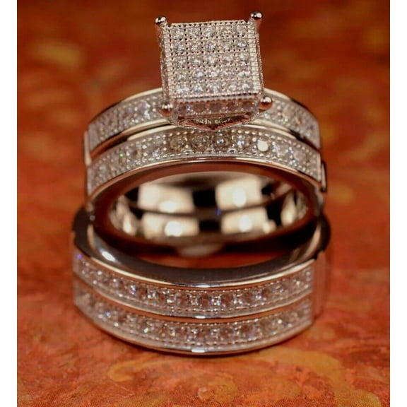 Sparkle Jewels 2 Ct Round Cut CZ His & Her Wedding Trio Ring Set 925 Sterling Silver
