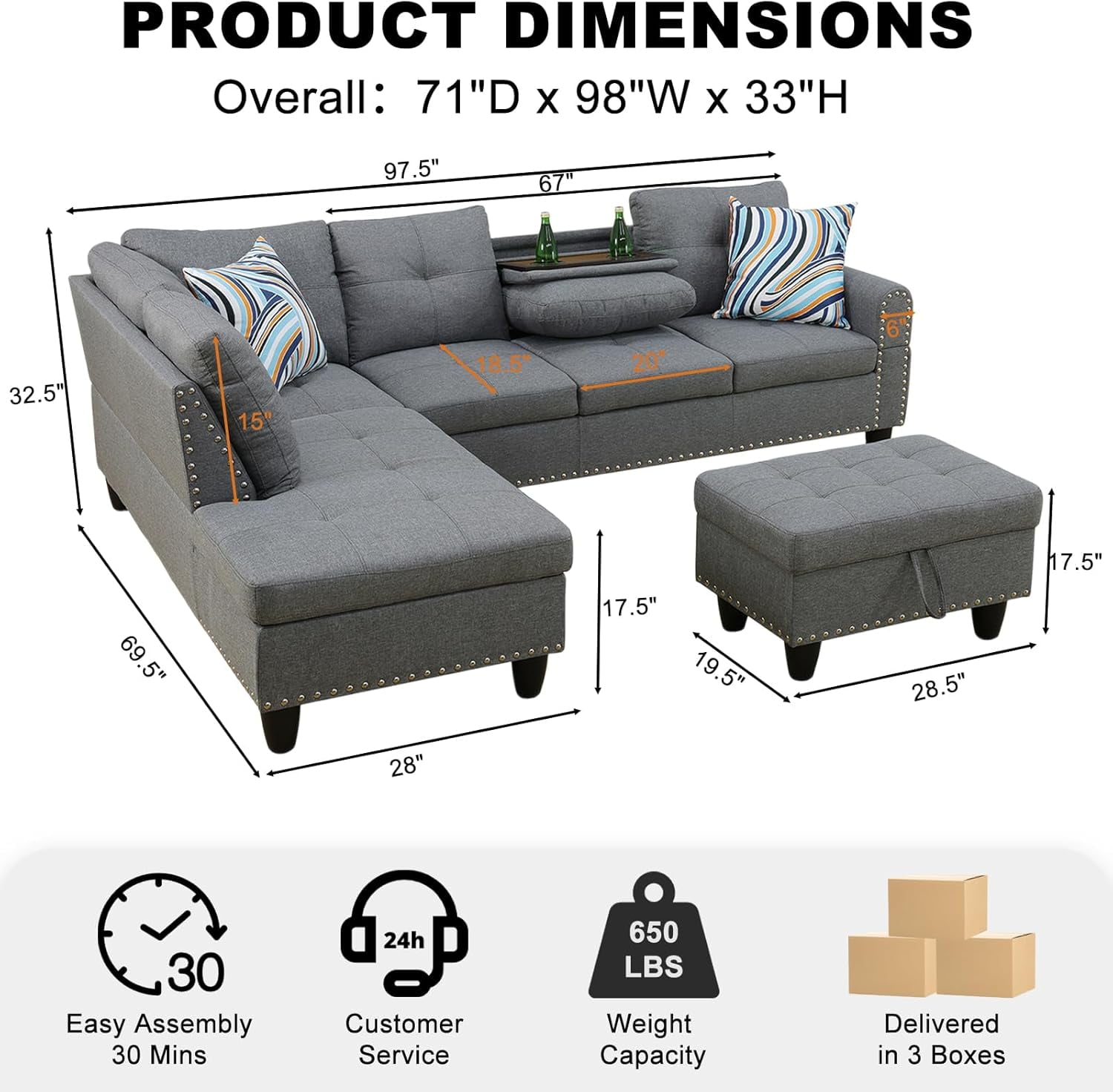 Howcool L Shaped Sectional Sofa, 4 Seater Modular Sectional Couch with Chaise Lounge, Storage Ottoman & 2 Cup Holders, Linen Sofa with Pillows for Living Room, Apartment, Dark Gray