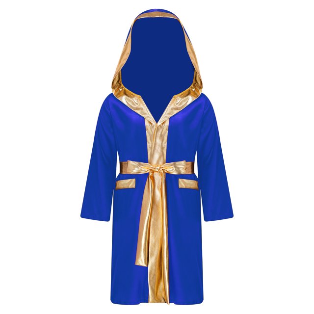 Moggemol Robe de Boxe pour Garçons Robe Longue en Satin avec Capuche et Ceinture Tenue de Boxe Halloween Bleu Royal 10