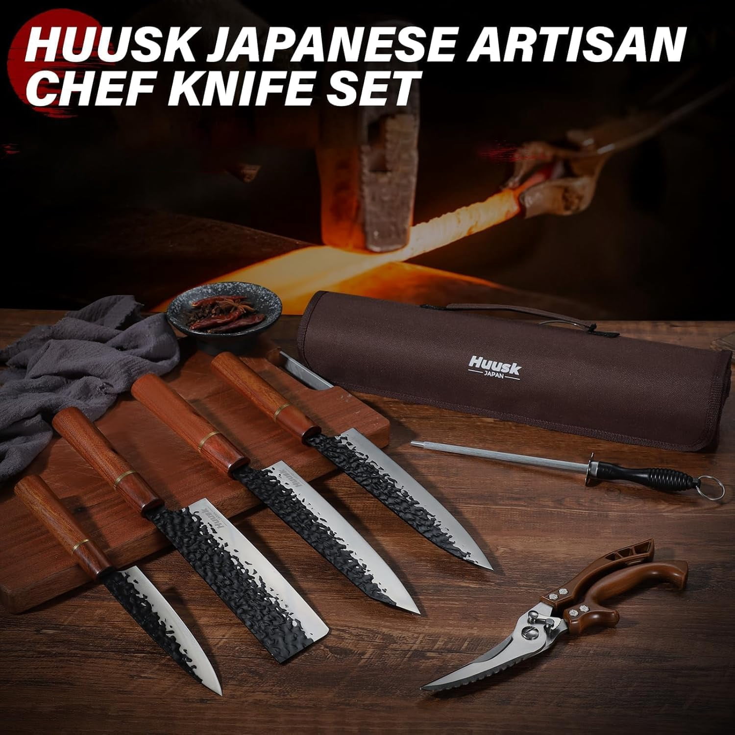 Huusk 6pcs  Knife Set with Covers - Professional Chef Knife Set with Bag & Sharpener, High Carbon Steel Forged Knives Sets with Scissors, Gifts for Men and Friend
