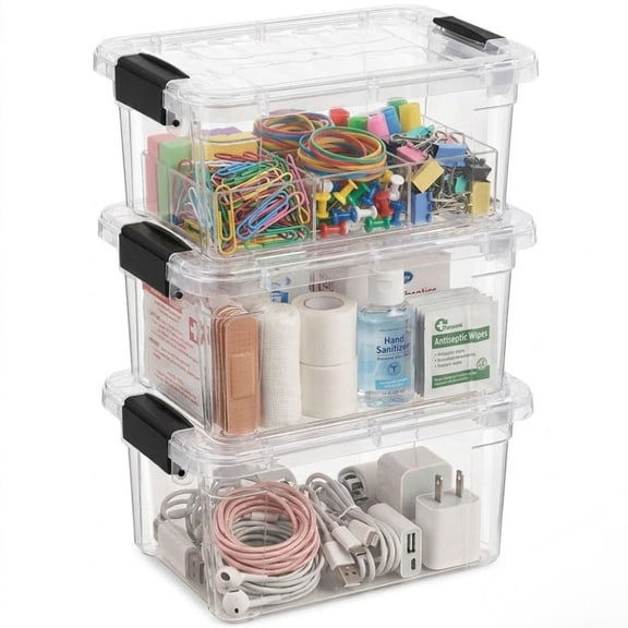 Superio 1.05 Quart Mini Clear Plastic Storage Container with Lid, Stackable Small Organizer Box for Crayons, Art Supplies, Beads, Sewing, Stationery & Food Storage, 3 Pack
