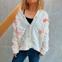 EchfiProm White Chunky Sweaters for Women V Neck Y2k Cardigan Button down Solid 3D Flower Fanshion Long Sleeve Sweater