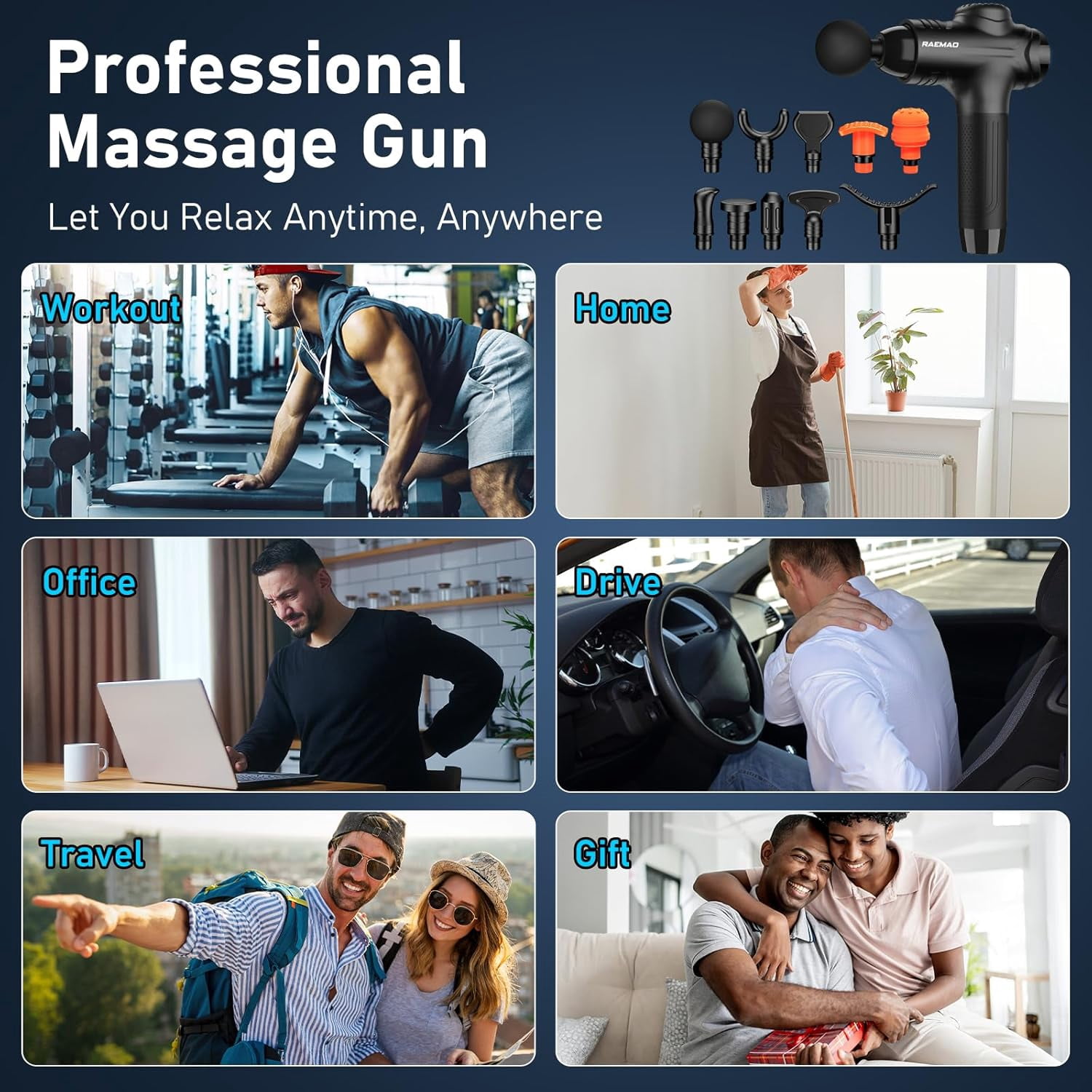 TOLOCO Massage Gun for Muscle Pain Relief, with 10 Replacement Heads, Black