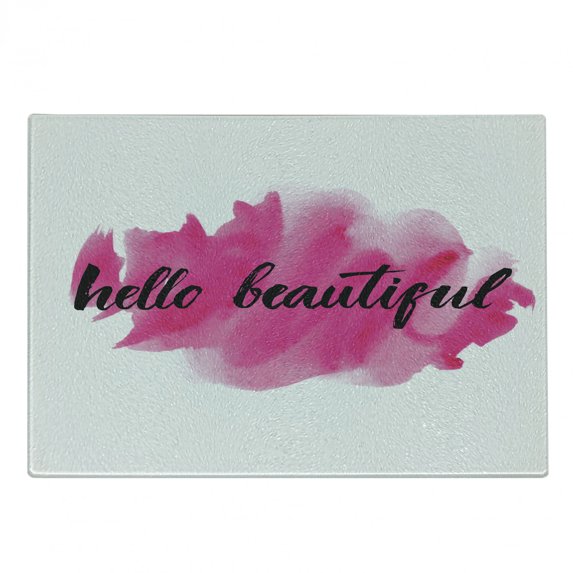 Hello Cutting Board, Words in HLettering Calligraphic Design on Pink, Decorative Tempered Glass Cutting and Serving Board, Small Size, Magenta Black, by Ambesonne