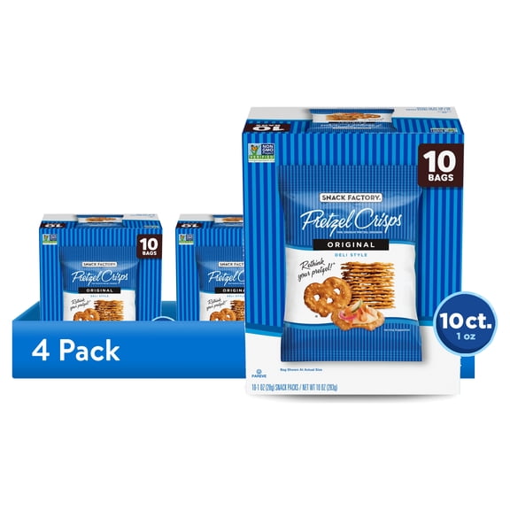 (4 pack) Snack Factory Pretzel Crisps, Original, 1 oz Snack Bags, 10 Ct