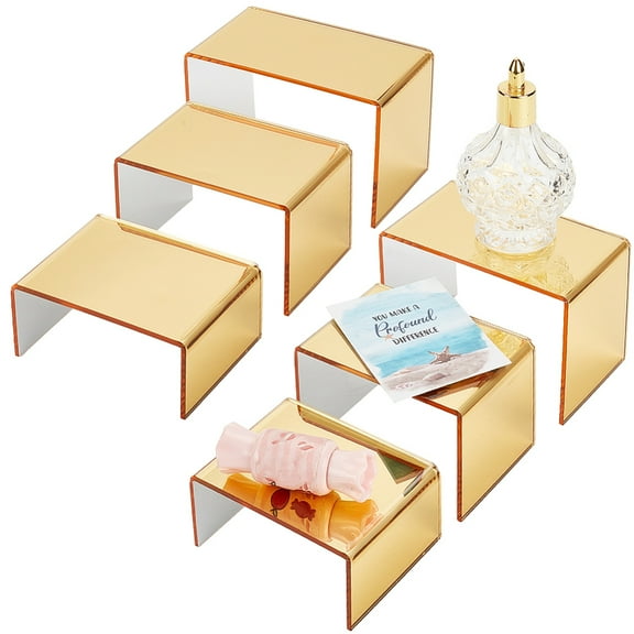 2 Set 6pcs Golden Acrylic Display Risers Product Stand Shelf 3-Tier Perfume Organizer Clear Countertop Showcase for Craft Cupcake Dessert Curio Cabinet Collection 1.4/2.3/2.9 Inch High