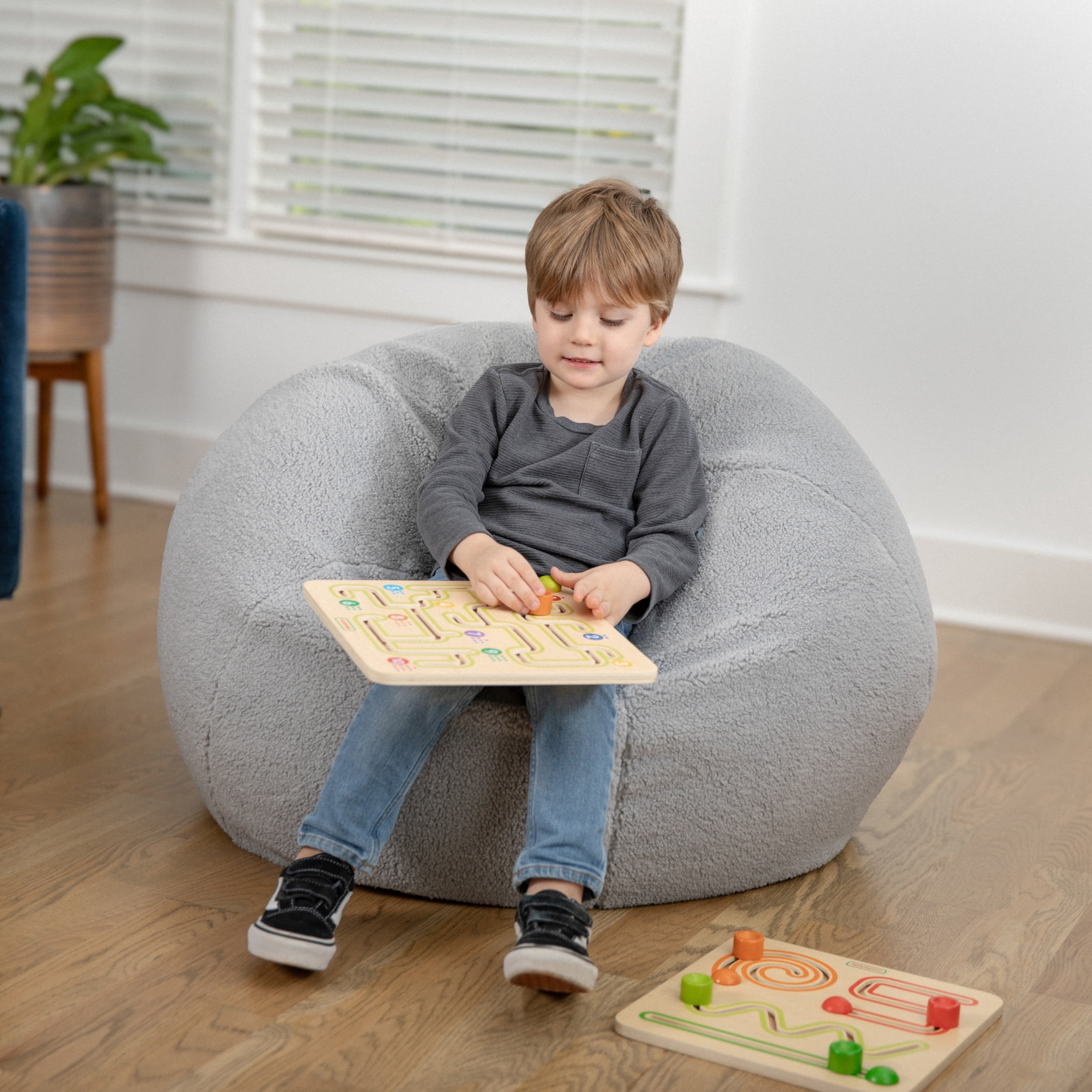 Emma + Oliver Small Gray Faux Sherpa Refillable Bean Bag Chair for