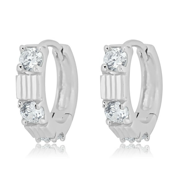 AVORA 925 Sterling Silver Textured 3-stone Simulated Diamond CZ Huggie Hoop Earrings