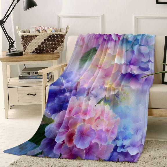 Throw Blanket Fleece Throw Blanket 40x50in, Spring Watercolor Hydrangea Soft Lightweight Bed Blankets Blossom Flower Art Fuzzy Couch Blankets for All Season