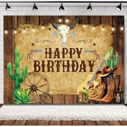 Western Cowboy Happy Birthday Backdrop 7Wx5H Rustic Wooden Board Cactus Rodeo Brown Hat Country Wild