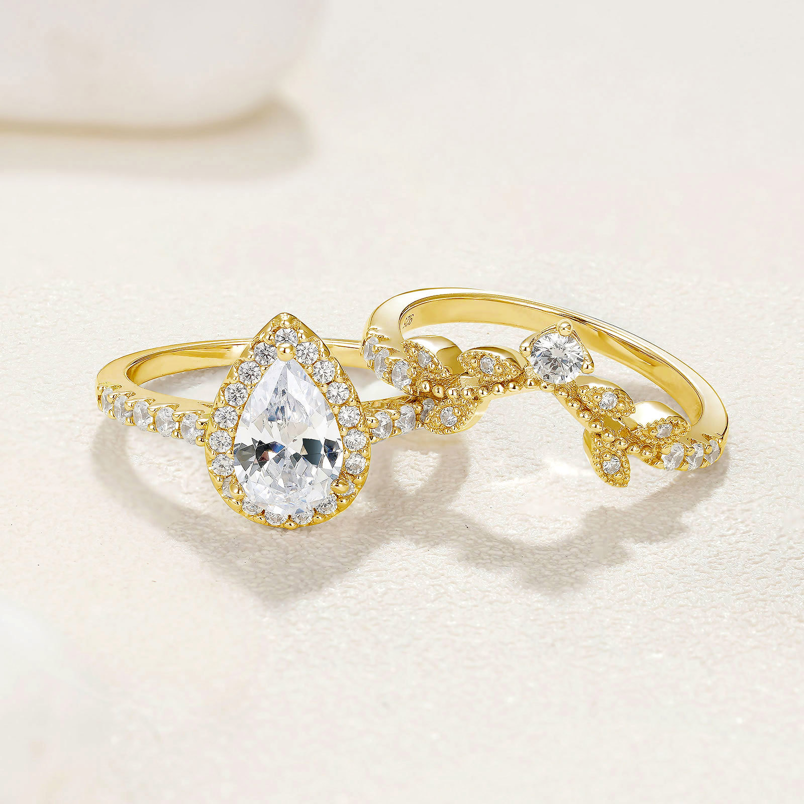 Newshe Jewellery Wedding Rings for Women Vintage 925 Sterling Silver Pear Shaped Yellow Gold Cz Bridal Set Size 6