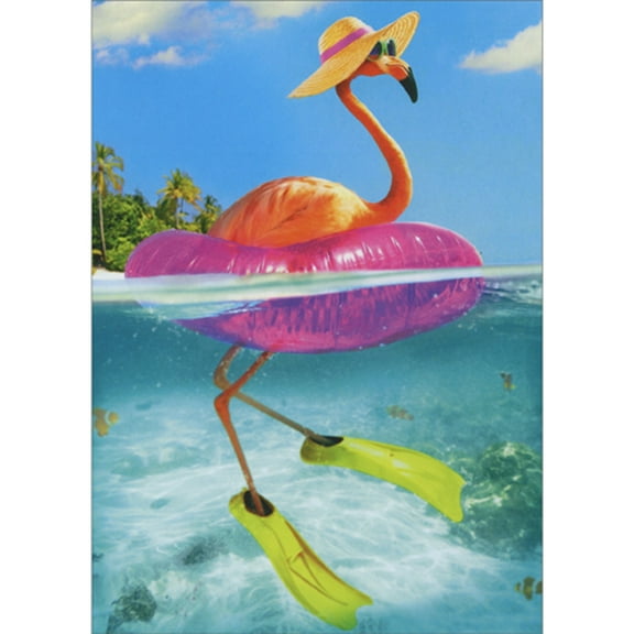 Avanti Press Flamingo Wearing Flippers and Floating in Pink Inner Tube Funny Feminine Birthday Card for Her