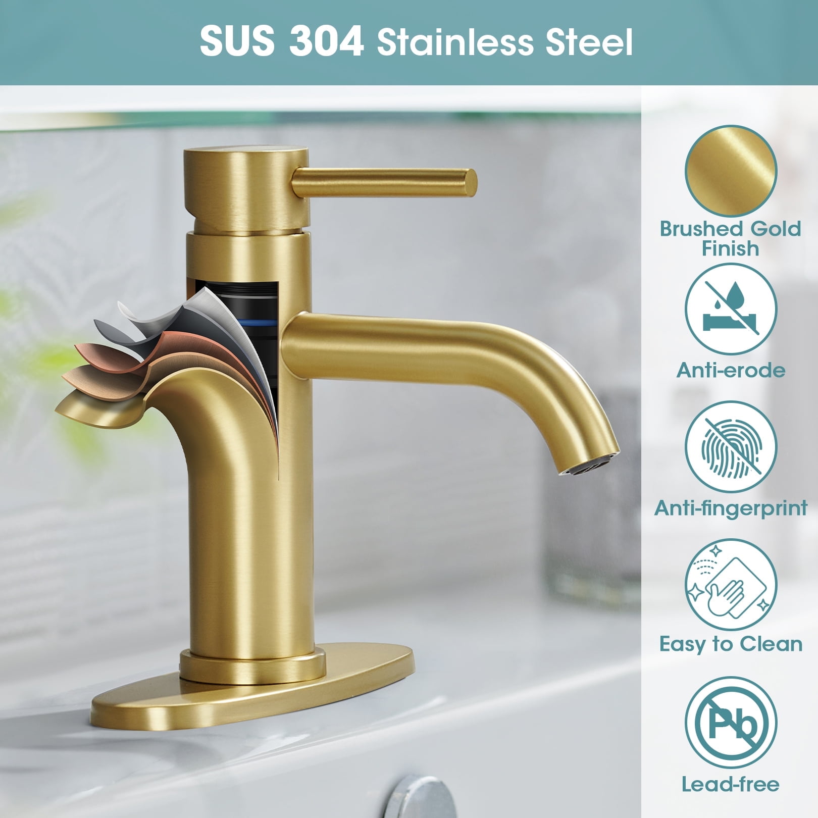 Wowkk Sanitary Ware Bathroom Faucets Stainless Steel Single Handle Bathroom Sink Faucet with Pop up Drain and PEX Encrypted Hose, Modern Bathroom Faucets for Sink 1 or 3 Holes, Brushed Gold