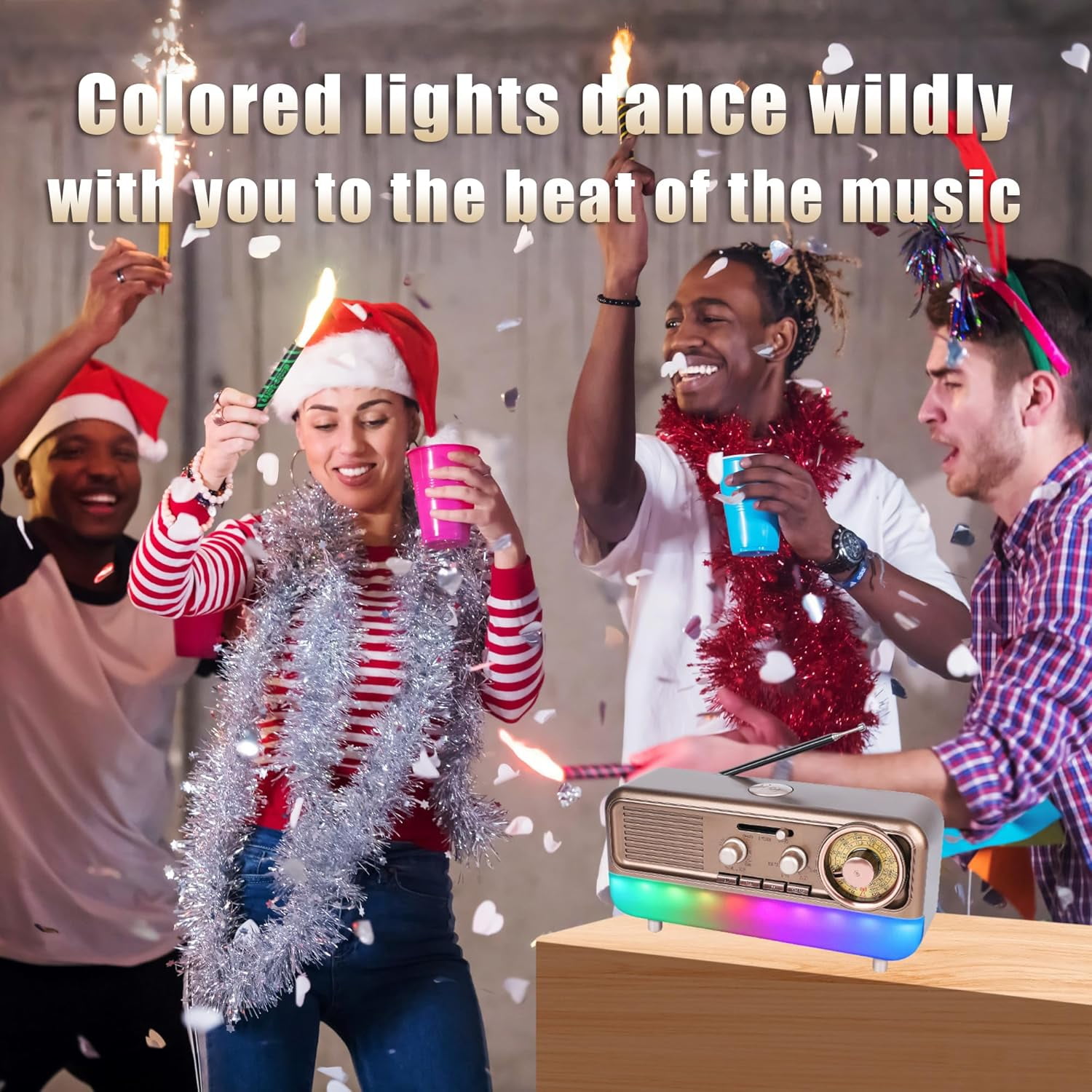 MUSICOZY Retro Portable Radio AM FM SW Shortwave Radio with Colorful Ambient Light, Vintage Bluetooth Music Player Battery Operated, Retro Sound Machine, SUB Charging, TF Card