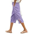 thumbnail image 4 of Womens Linen Capri Pants Petite - Casual Loose Fit Elastic Waist Capris with Side Buttons Comfortable Straight Leg Pants 2026 Spring Summer Light Purple, Size XL, 4 of 5