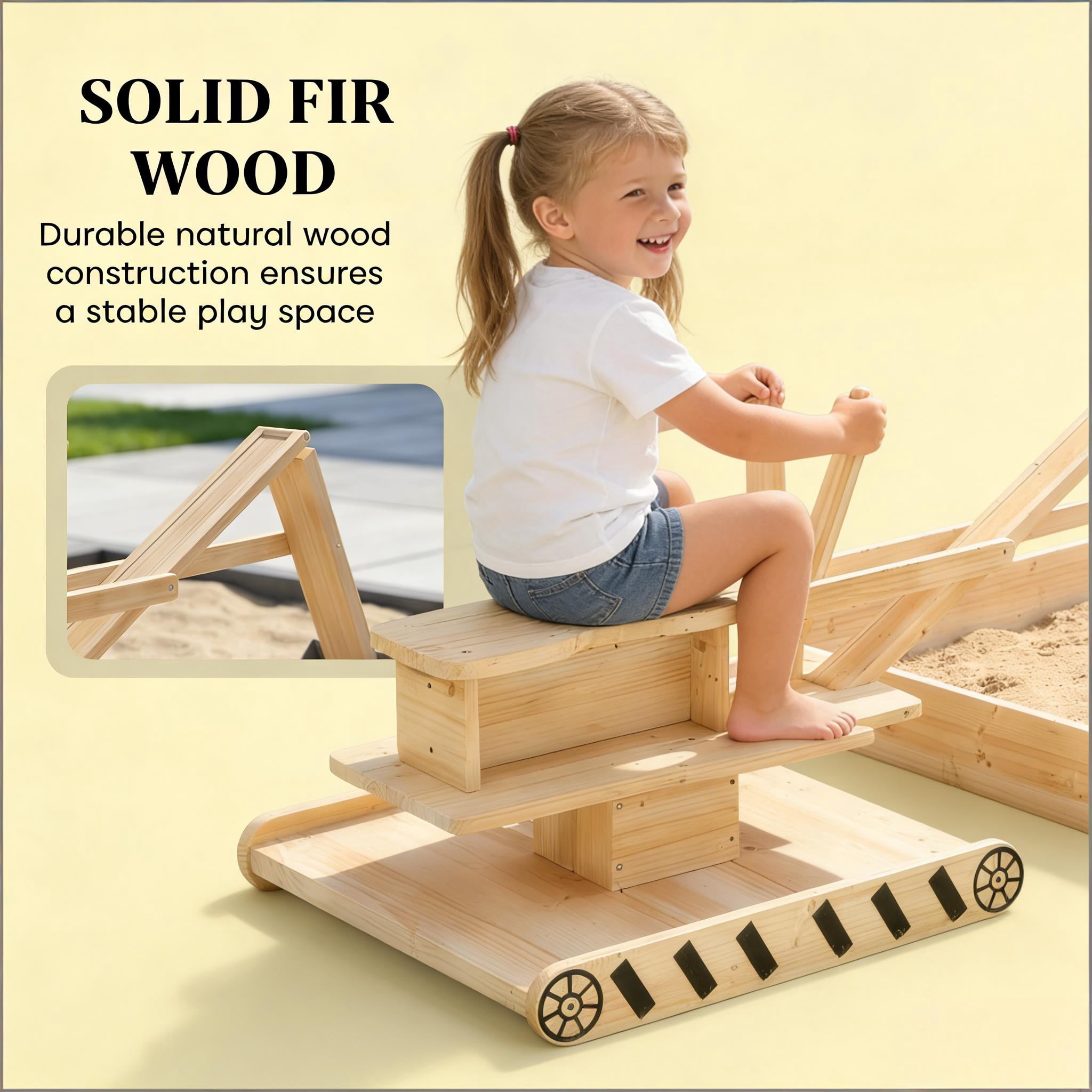 Kids Wooden Sandbox with 360° Rotating Digger, Large Fir Wood Sand Pit with Non-Woven Liner, Holds 440 Lbs Sand, Outdoor Play Construction Toy for Children Ages 3-6