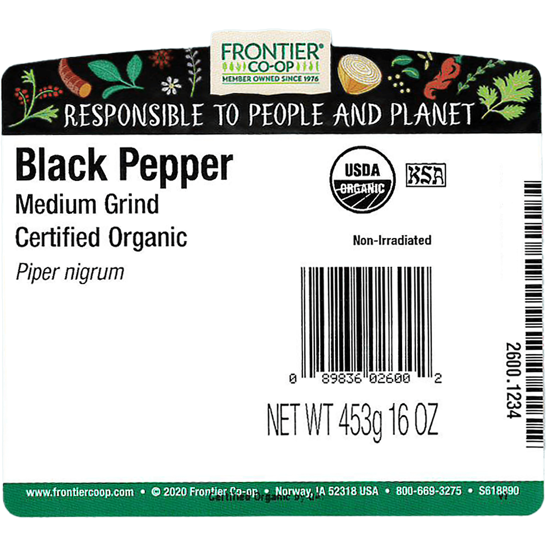 Frontier Co-op Certified Organic Medium Grind Black Pepper, 16 oz Bag
