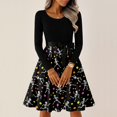 thumbnail image 4 of Women's Halloween Dress Witch Hat Bat Crew Neck Hepburn 1950s Funny Dresses Long Sleeve Cocktail Casual Fall Tea Length Dress with Belt L, 4 of 6