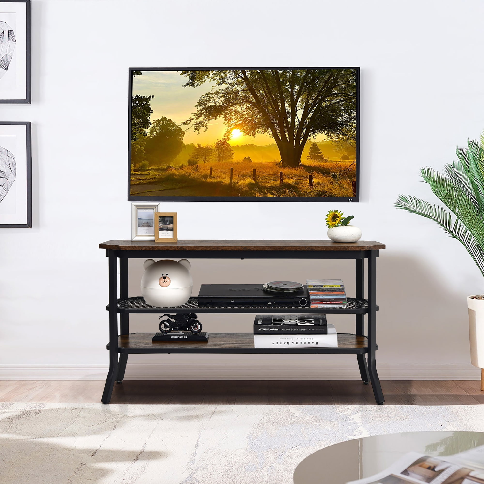 Costway 3-tier TV Stand Console Table Media Entertainment Center w/Mesh Storage Shelf
