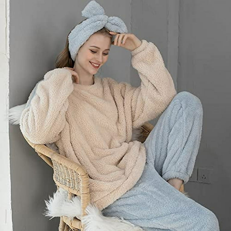 Kukuzhu Womens Fleece Pajama Sets Winter Shearling Rollneck Pajamas Grunge  Fuzzy Plush Hoodie Sleepwear 2Pcs Fluffy Loungewear 
