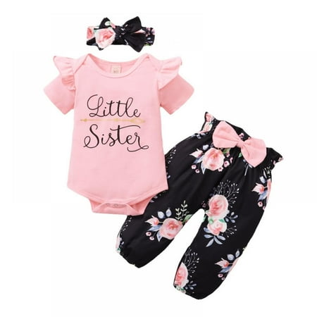 

Lemetow 3PCS Toddler Kids Baby Girls Flower Short Sleeve Tops + Pants Headband Summer Outfits Set 0-18 Months