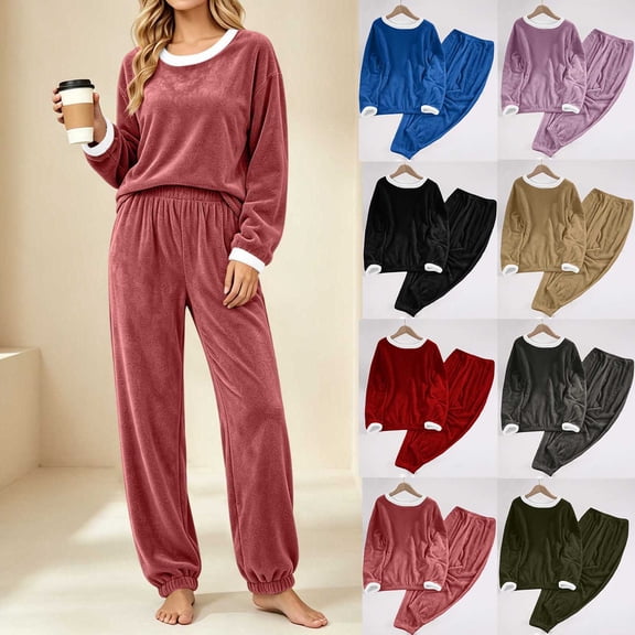 Naittoop Fleece Pajamas Womens Petite Casual Loose Comfy Thermal Plush Fuzzy Long Sleeve Sleepwear Winter 2 Piece Lounge Sets