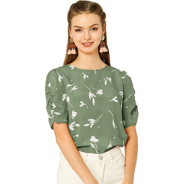 AllegK Top Floral Informal De ManCorFruncido PaMujer Verde XS