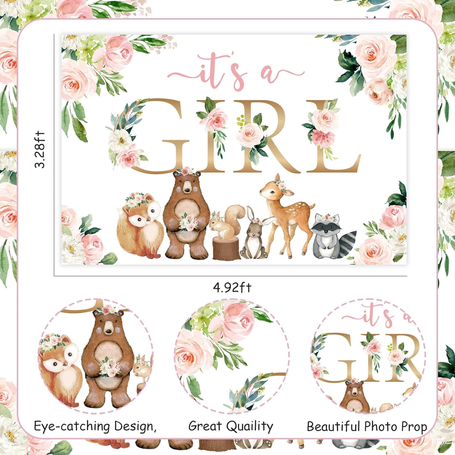 Avezano Fotohintergrund 1,5x1 M – Boho Pink Woodland Mit Tieren & Blumen Für Baby Shower, Geburtstag & Fotos