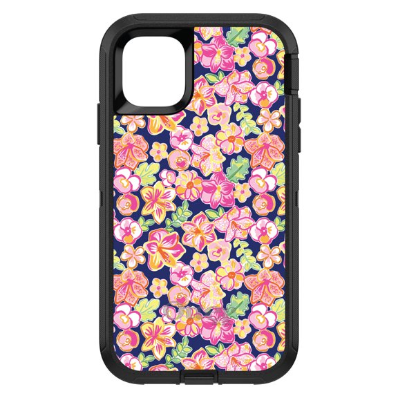 DistinctInk OtterBox Defender Custom Case for Apple iPhone 15 (6.1" Screen) - Pink Green Navy Flowers Floral - Shockproof Protection