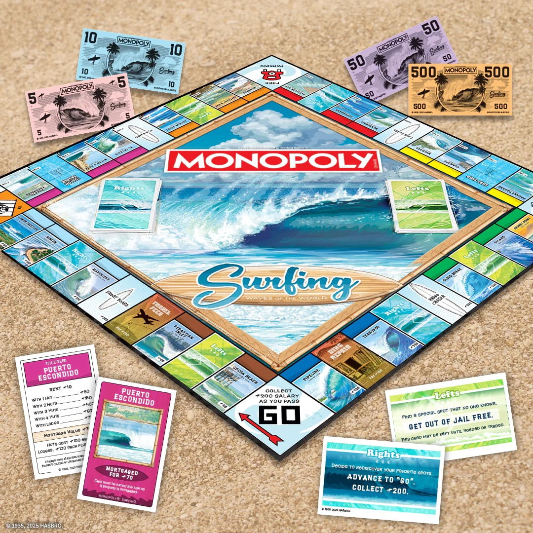 Monopoly: Surfing Waves of The World Board Game ? Buy, Sell, Trade Iconic Surf Spots Like Pipeline & Superbank, 6 Custom Beach-Themed Tokens, Family Game for Beach Sports Fans & Collectors, Ages 8+
