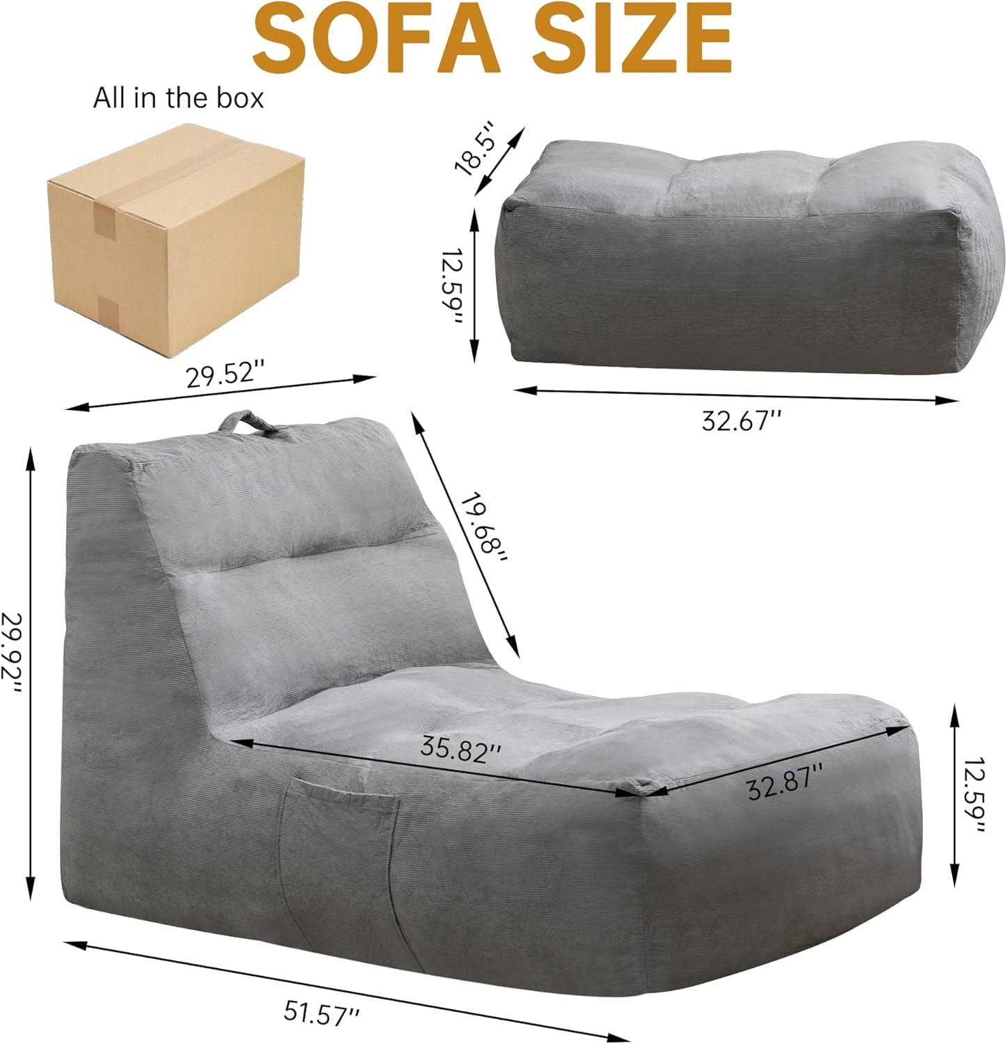 LinkRomat Giant Bean Bag Chair with Ottoman for Adults, Oversized Corduroy Memory Foam Beanbag Chair with Filler Included, Comfy Lounge & Gaming Chair for Living Room and Bedroom