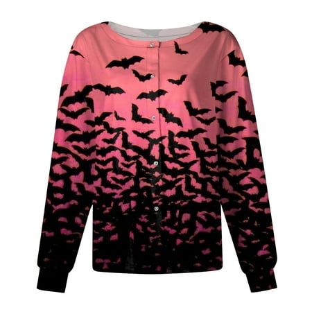 

PURJKPU Scrub Jackets for Women Breathable Snap Front Nurse Uniforms Halloween Bat Patterned Scrub Top Long Sleeve O Neck Shirts with Pockets Hot Pink 4XL