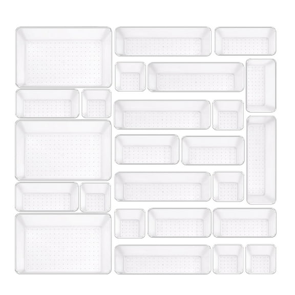 Buanson 25 PCS Plastic Drawer Organizers Set, 4-Size Versatile Bathroom & Vanity Drawer Organizer Trays, Storage Bins for Makeup,Kitchen & Office (Clear)