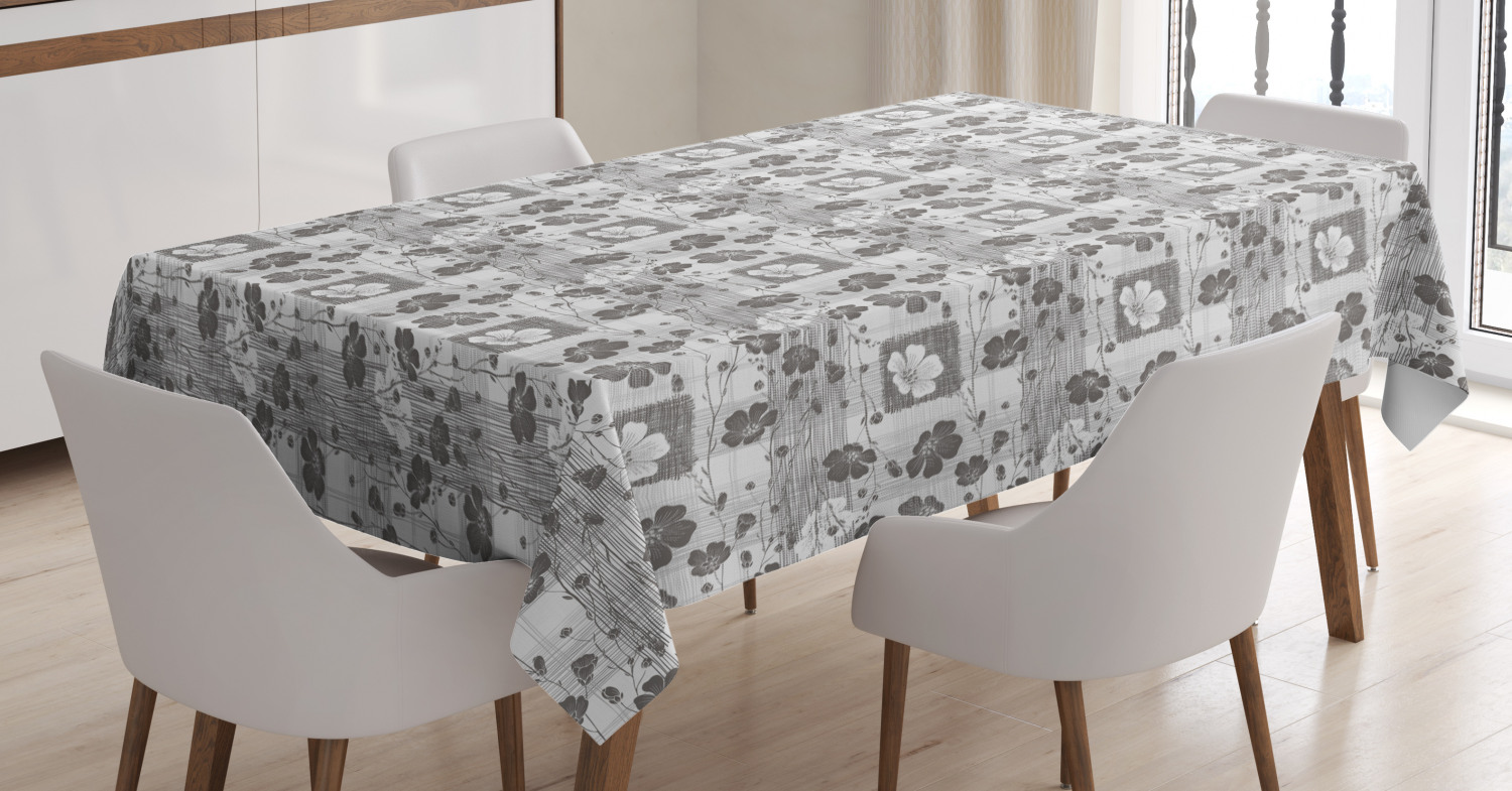 Grey and White Tablecloth, Hand Drawn Artistic Inflorescence on Tender Spring Tree Branches