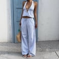 thumbnail image 5 of KIHOUT Women's Striped Halter Neck V-Neck Top and Drawstring Waist Wide Leg Pants Two Piece Set with Pockets for Casual Beachwear and Everyday Wear, 5 of 8