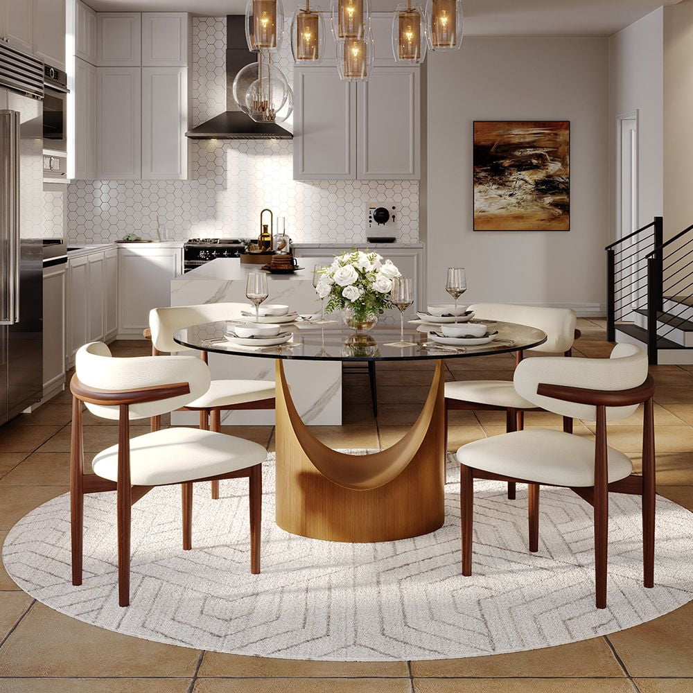 51"Modern Round Glass Dining Table for 4, Clear Glass Table for Kitchen, Bronze Carbon Steel Pedestal