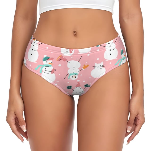 Balery Cute Pink Snowman Cat Ropa Interior de Algodón para Mujer con Dibujo – Braguitas Cómodas y Elásticas, Estilo Clásico-X-Small